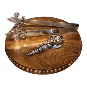 Elegant “Fleur de Lis” Ice Tongs and Crystal Wine Bottle Stopper Set
